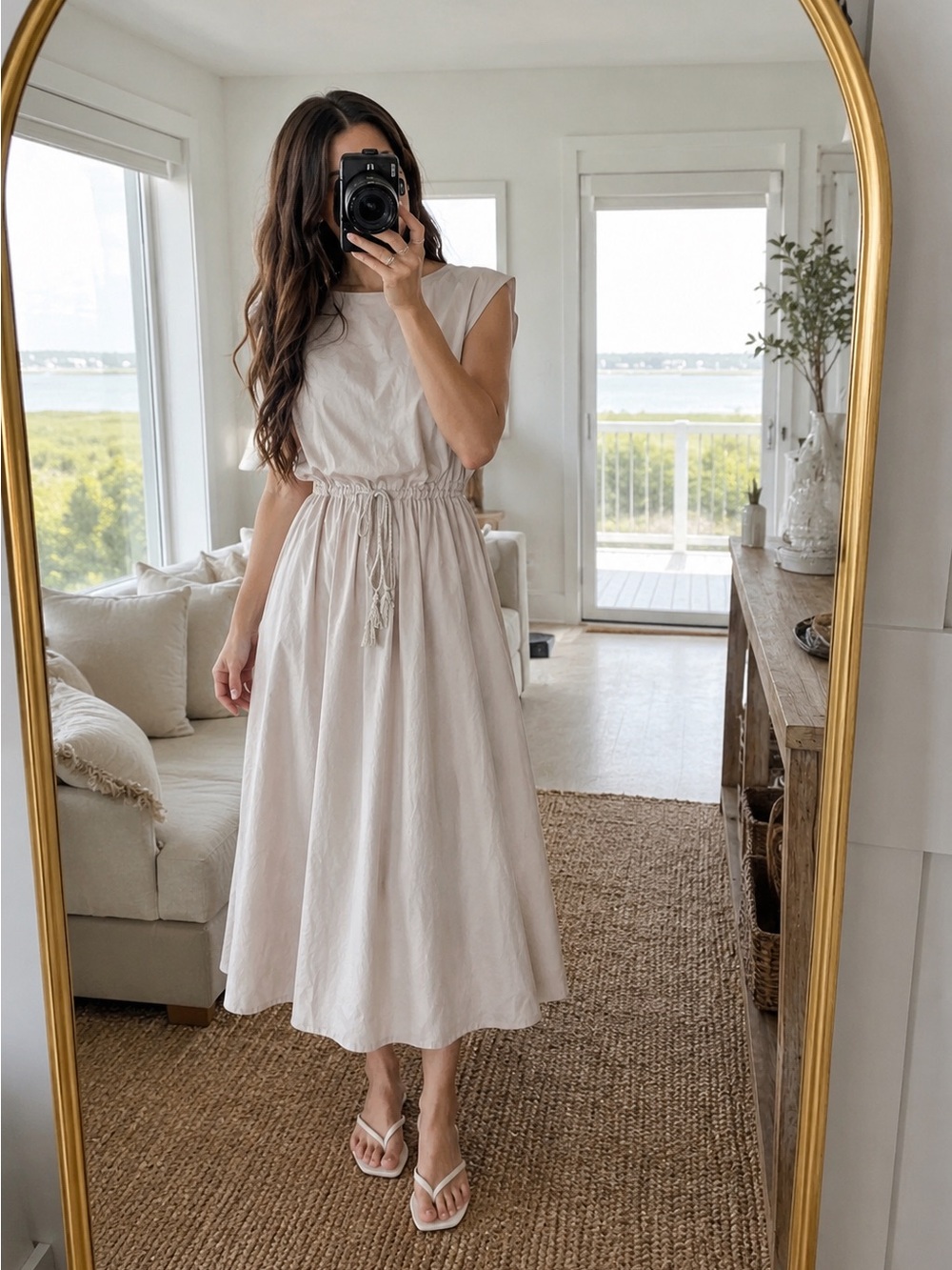 NWT beige Cotton Blend Round Neck drawstring waist midi dress Large